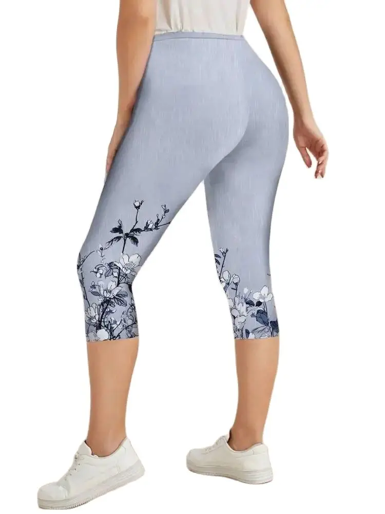 Floral floral print elastic elastic waist tight casual leggings slim cropped pants for women