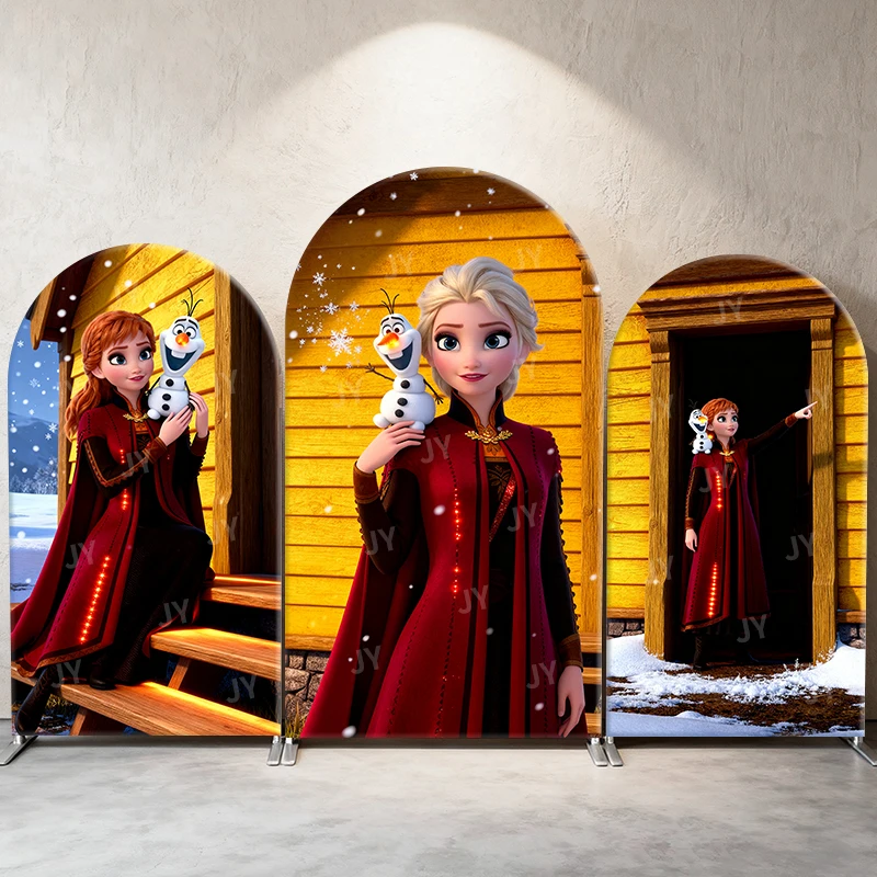 

Frozen 2 Elsa Anna & Olaf Arch Backdrop Cover Winter Cottage Theme Party Decor Photo Booth Background Girls Celebration Supplies