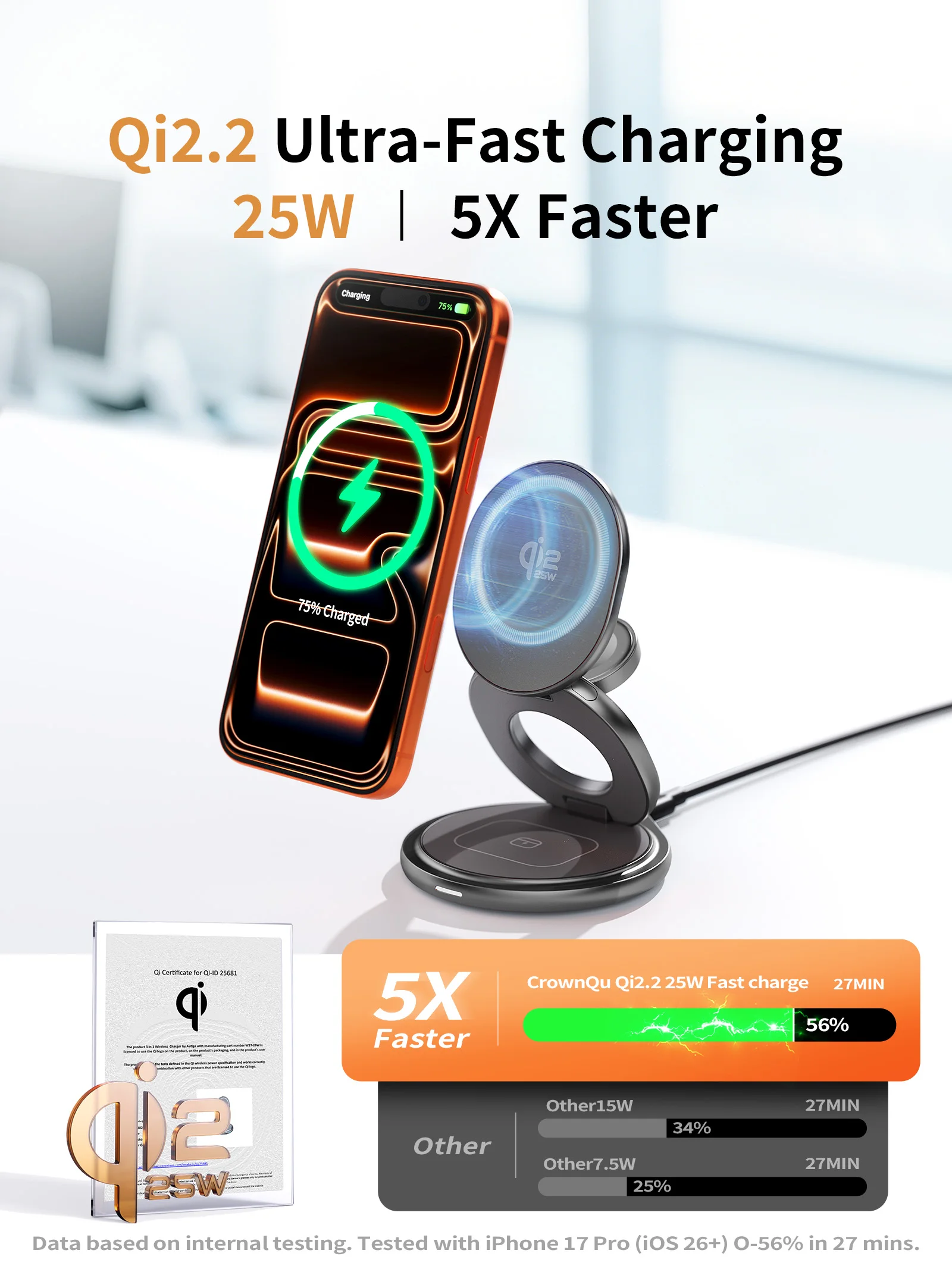 Przenośna metalowa ładowarka bezprzewodowa 25W Qi2.2, szybka stacja ładująca z obrotową podstawką 360° °   Obrotowy uchwyt na iPhone 17 16 15 14 Pro Max, zegarek, Airpods — zdjęcie produktu 7