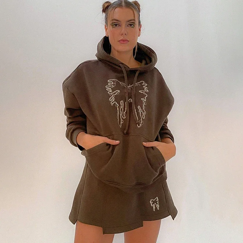 Butterfly Brown Tops Sweatshirts Oversized Long Sleeve Pullovers Hooded Pockets Sporty Tops Y2k Women Autumn Winter Jumpers New