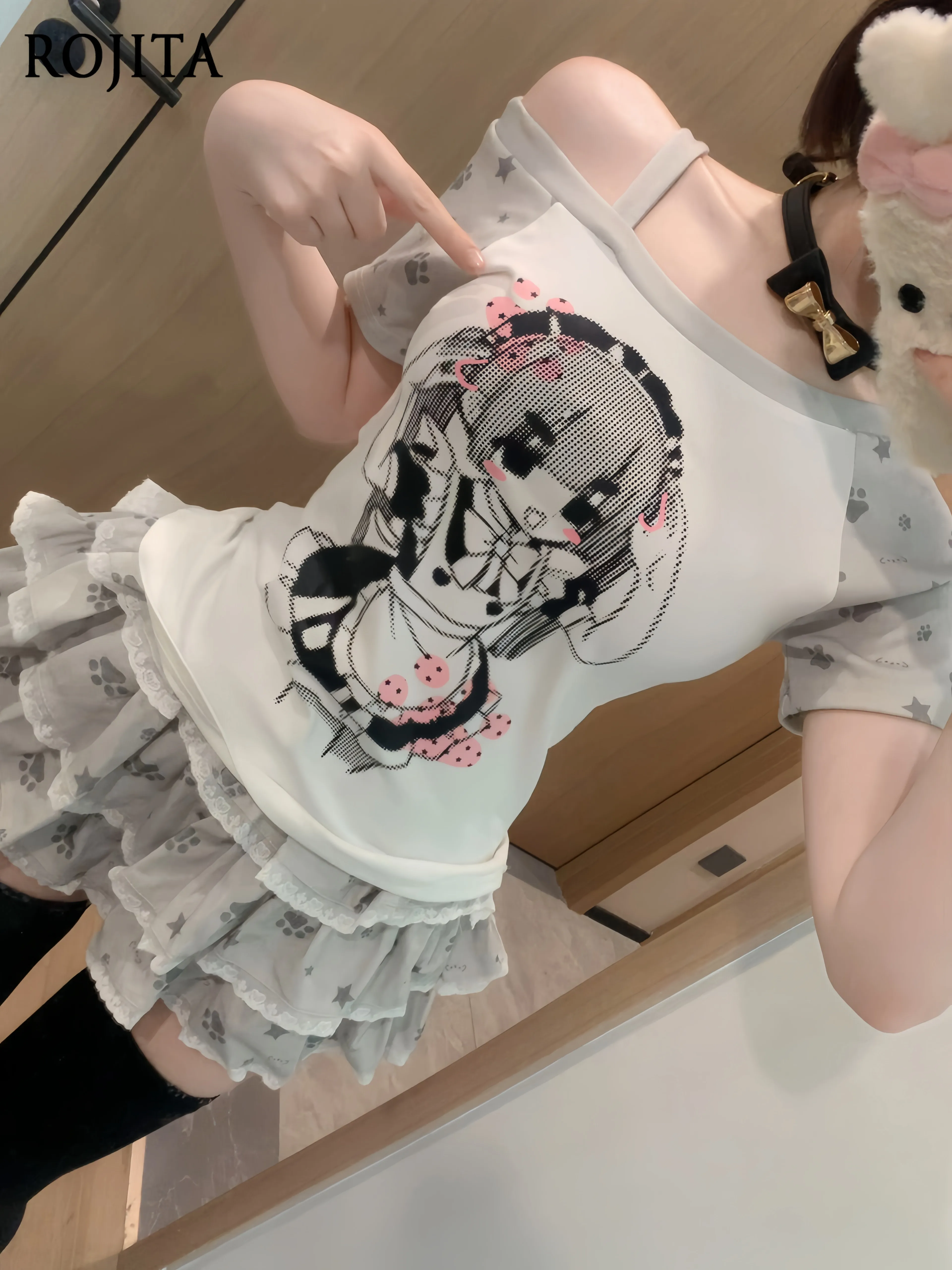 

Two-dimensional Anime Girl Print T-shirt Summer Cute Soft Girl Cake Skirt Set Two Piece Sets Womens Outifits Sold separately