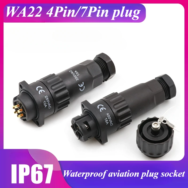 WA22 7Pin 4Pin Soldering Wire Plug Socket Waterproof IP67 Male Female Cable Connector Plug Panel Socket Terminal Block
