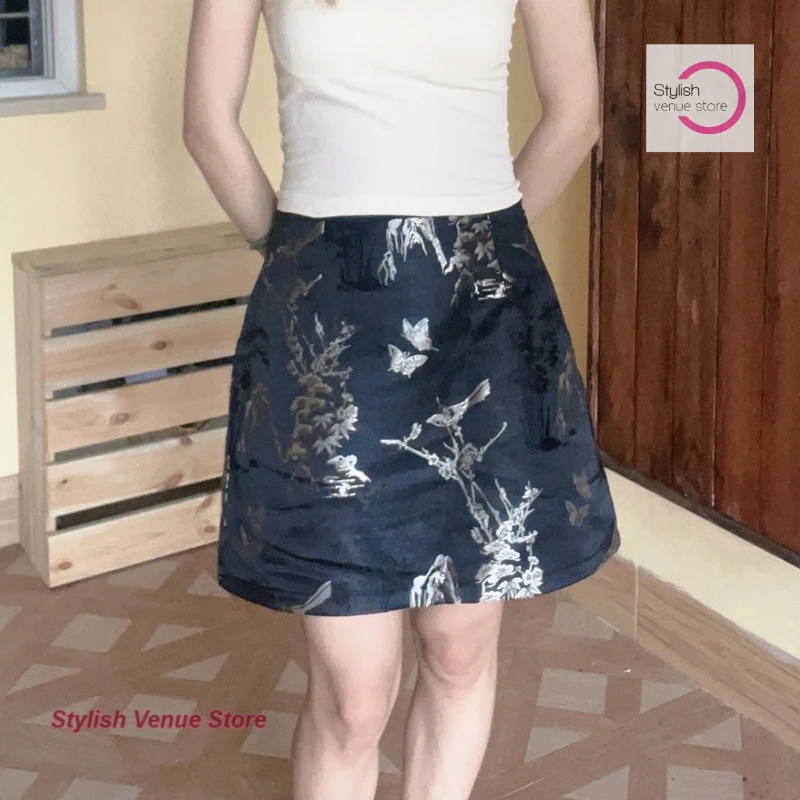 

New Chinese style black jacquard fashionable casual skirt for women, summer high waisted versatile temperament retro skirt