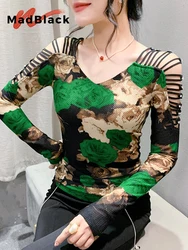 MadBlack, European Clothes T-Shirt, Women Sexy V Neck Patchwork Print Top, Long Sleeve Fashion Slim Tee, Autumn Winter T49232CC