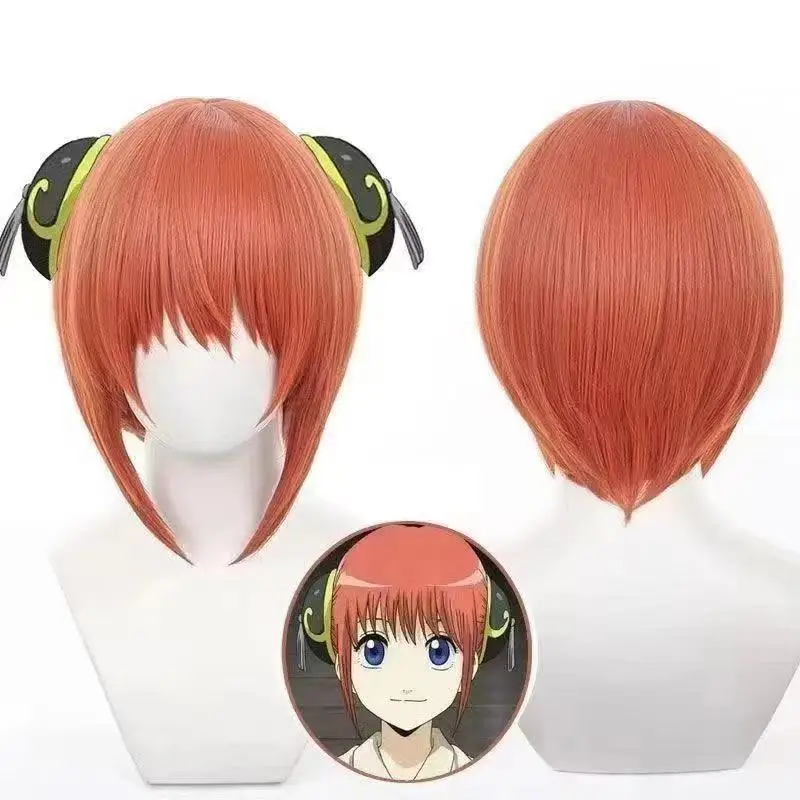 

Аниме Gintama Kagura, парики для косплея, оранжевая короткая прическа боб, серебряная душа, аниме-парик для косплея с розовой сеткой, термостойкие волосы