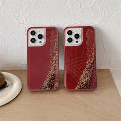 Glitter Quicksand Case for iPhone 15 14 Pro Max 16 Back Cover Funda Gold Brilliant Flakes Phone Shields Liquid Red Hard Shell 13