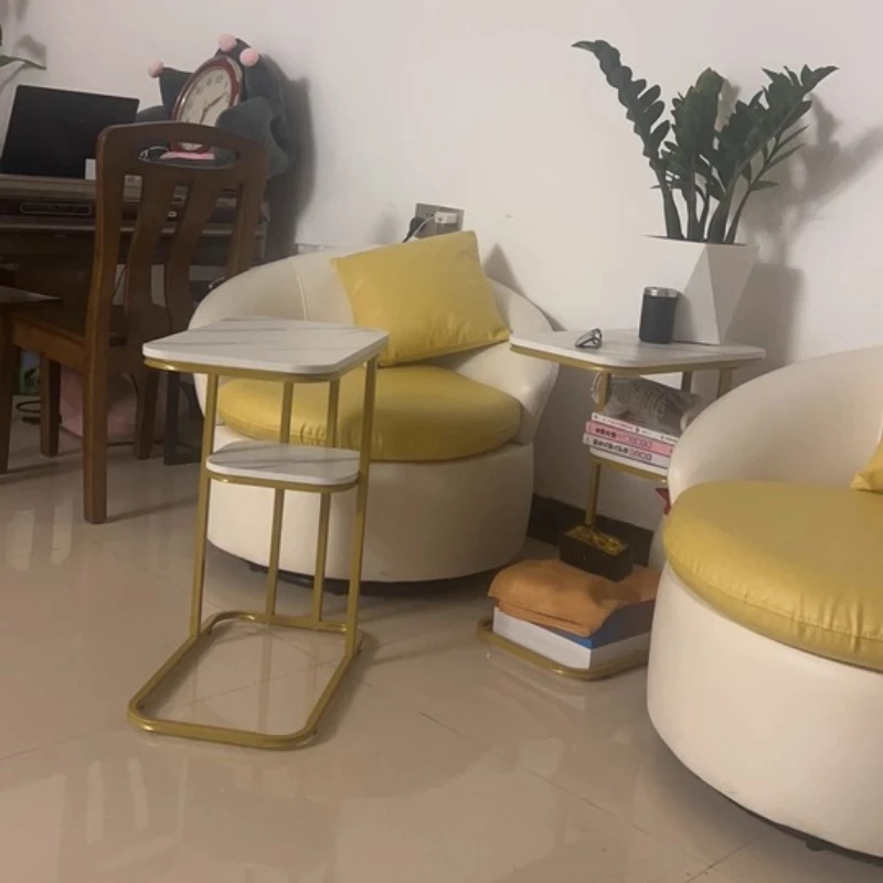 

Nano Gold Paint Process Light Luxury Nordic Sofa Side Tables Creative Living Room Furniture Iron Art Double Layer Coffee Table
