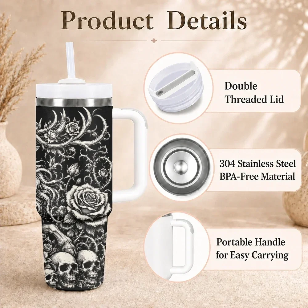 Dark Unicorn Rose Skull Vacuum Flasks 40oz Stainless Steel Insulated Tumbler with Handle & Straw Leakproof Travel Mug For Gifts