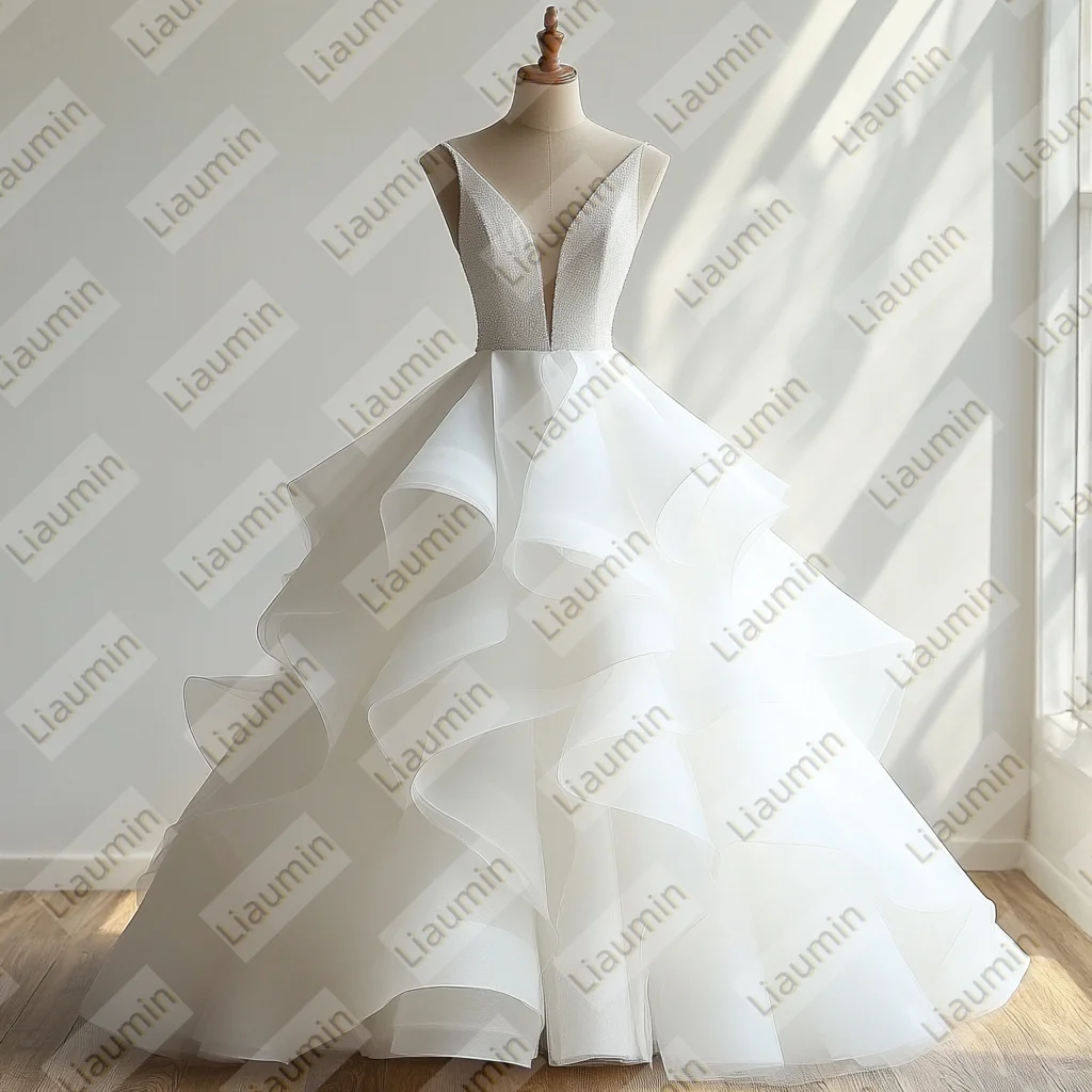 الأبيض أو العاج الطبقات الأورجانزا كامل طول فستان الحفلة الراقصة مع حزام الزفاف فساتين لحضور الحفلات الموسيقية الزفاف فستاين سهرة/فساتين الحفلات مخصص W19-23 #3