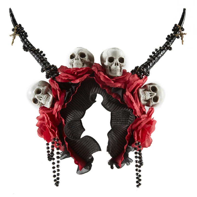 

Retro Black Flower Gothic Lolita Crown Halloween Demon Horns Antelope Headband Goth Beaded Chains Skull Headwear