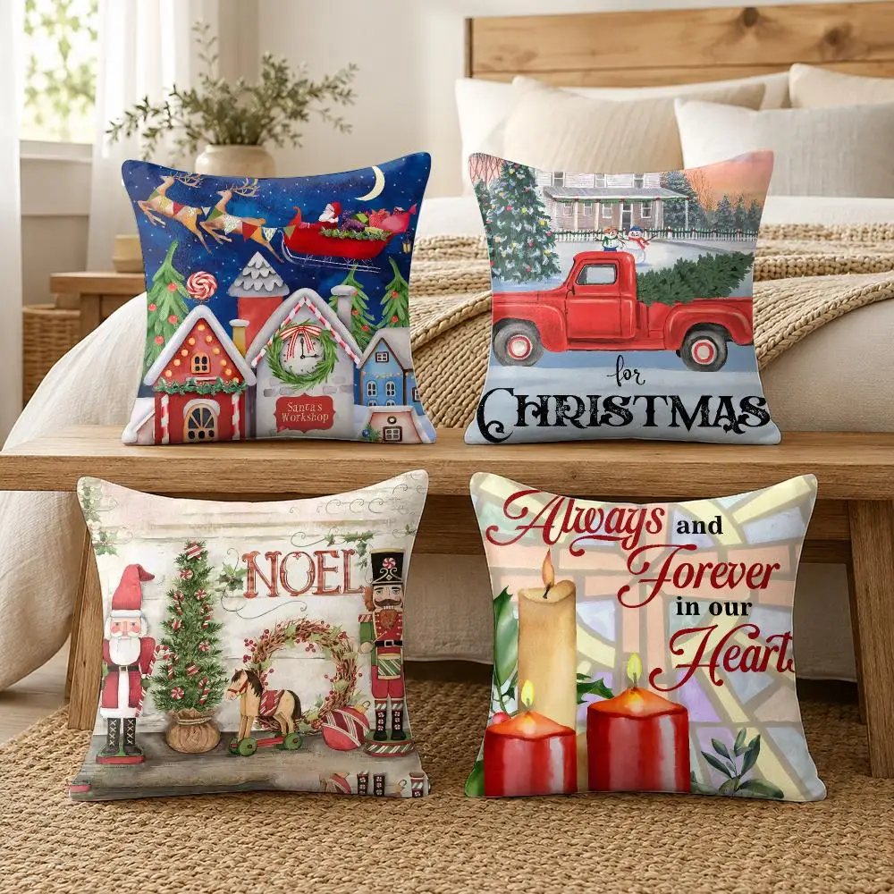 Christmas Red Candle Cushion Cover Silky Short Plush Invisible Zipper Dustproof Sofa Pillow Case For Home Decor