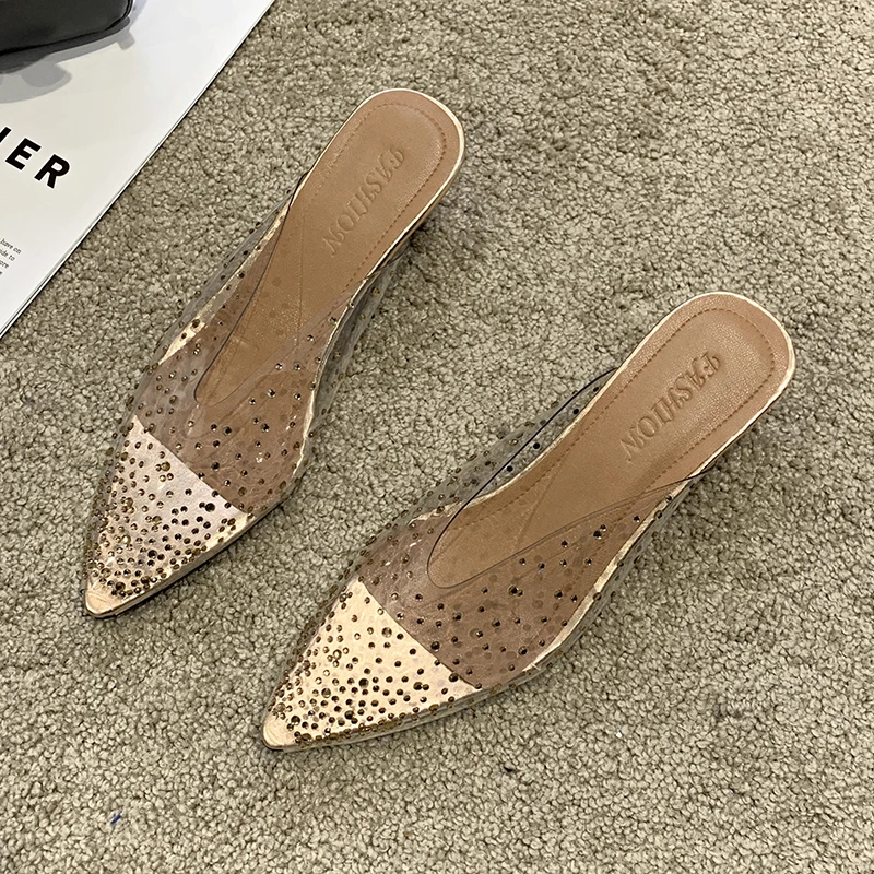 New PVC Transparent Women Pumps Sandals Crystal Mid Heels Pumps Rhinestone Pointed Toe Women Bridesmaid Wedding Shoes Zapatos