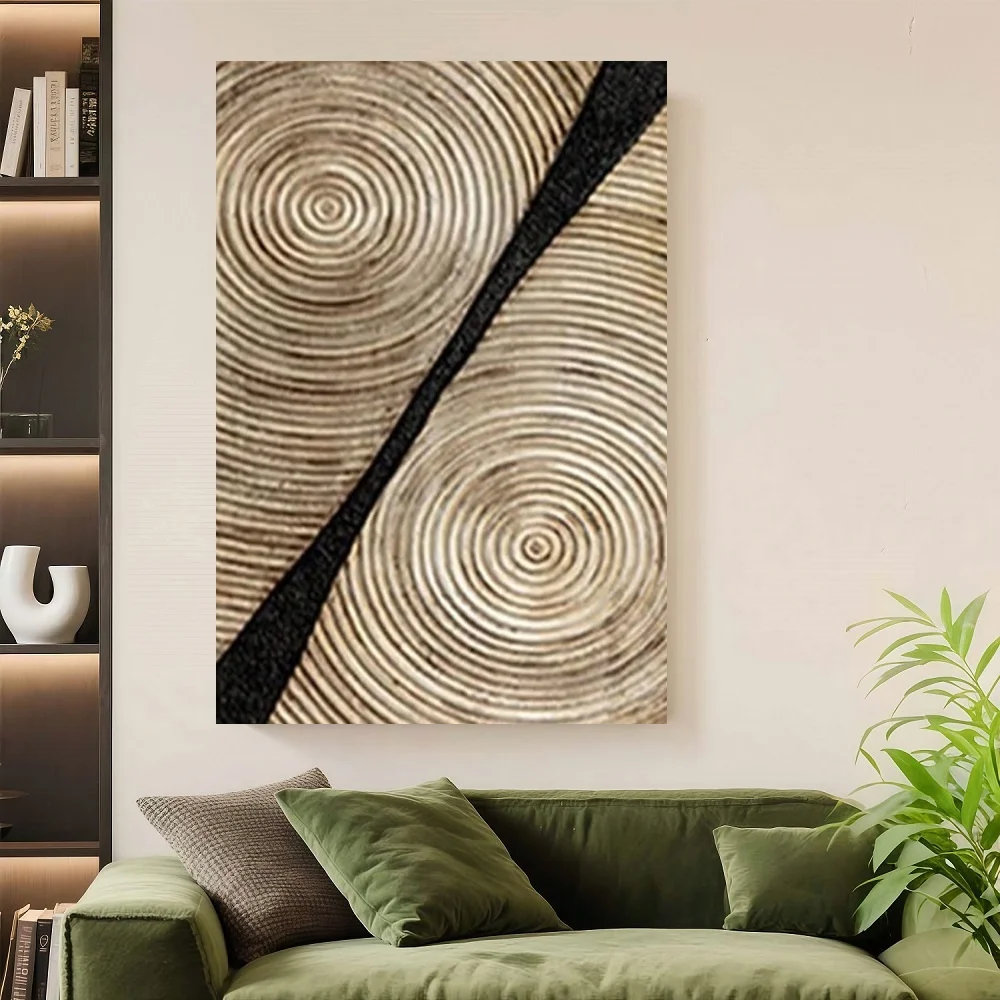 Cuadro Decorativo de Pared con Marco, Diseño Abstracto con Textura de Madera Retro, Líneas Doradas y Negras Minimalistas, Decoración de Pared con Imágenes Geométricas Neutras en Tono Beige