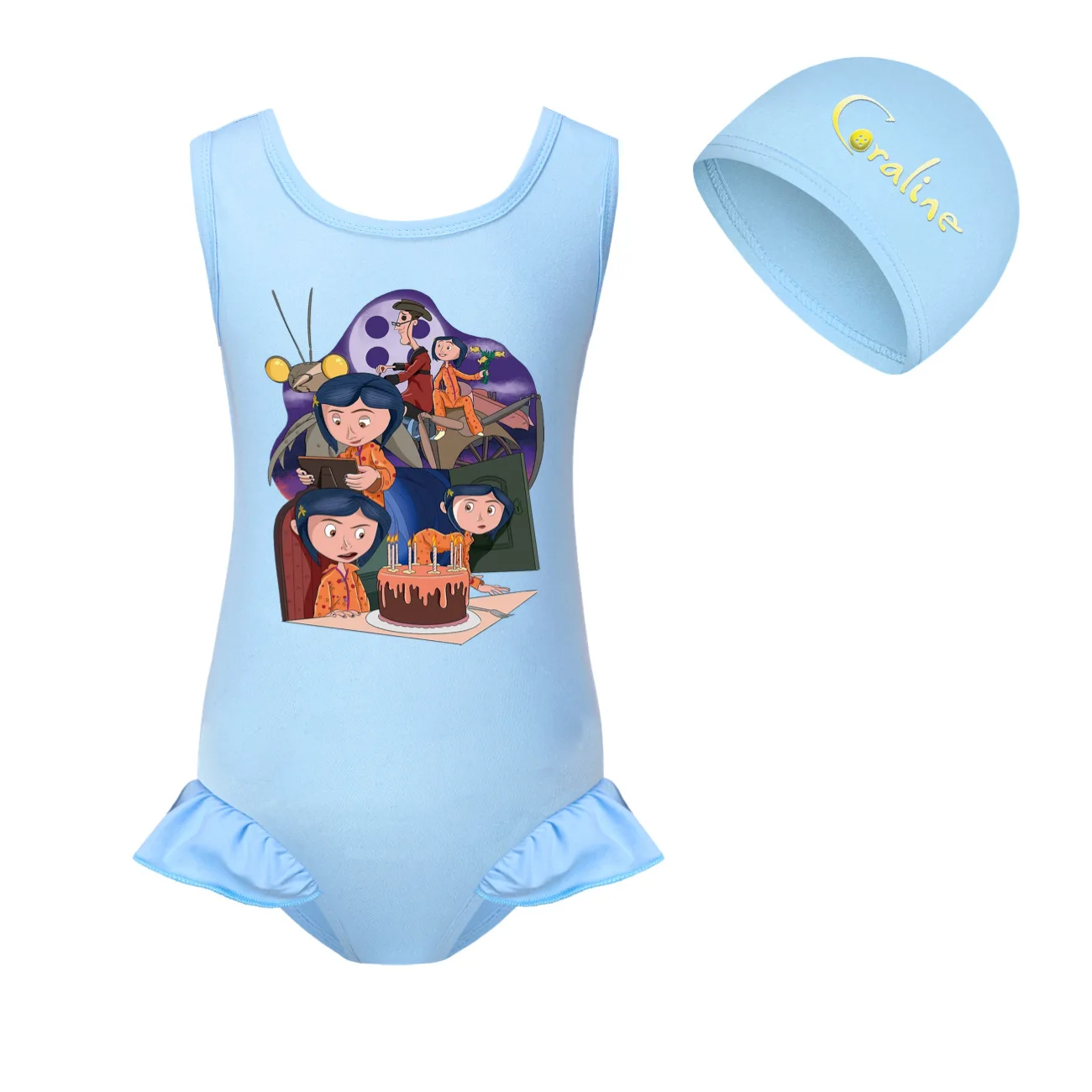 Coraline Swimwear Kids One Piece Beach Wear Child Baby Cute Backless Swimming Toddler Girls Cartoon Swimsuit+cap 2pcs Sets3060 image 6