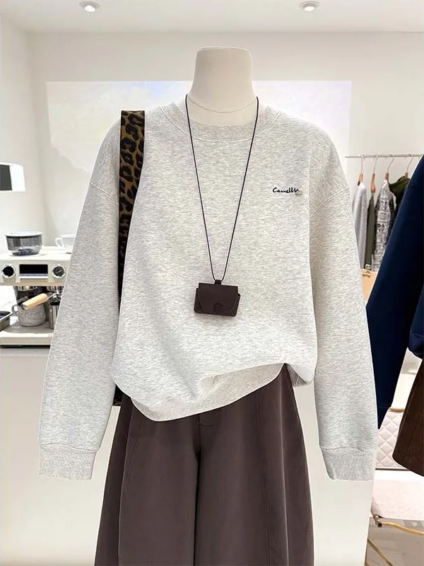 

Женская толстовка оверсайз с круглым вырезом и длинными рукавами, на флисовой подкладке, в корейском стиле, с простым принтом, модная уличная одежда