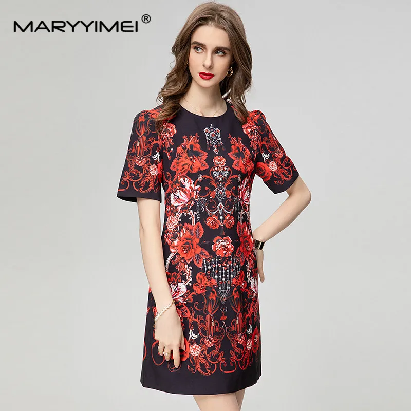 

MARYYIMEI New Fashion Runway Designer Women's Black Short-Sleeved Rose Printed Studded Diamond Vintage Mini Loose Short Dress