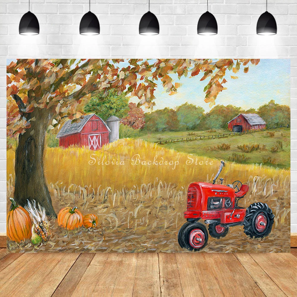 Fall Field Farm Photography Background Thanksgiving Backdrop Kids Portrait Photo Studio Props With Pumpkin Red Tractor Decor