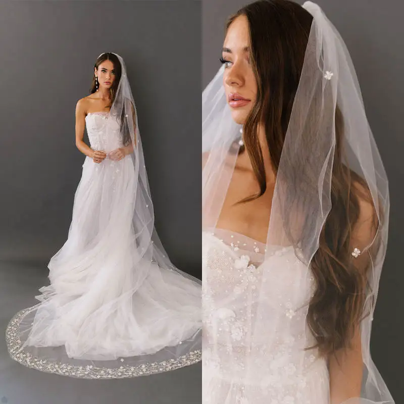 

Elegant Beaded Wedding Veil One Layer Long Beading Chapel Length Bride Veils Bead Edge Velo De Cabeza Custom Made