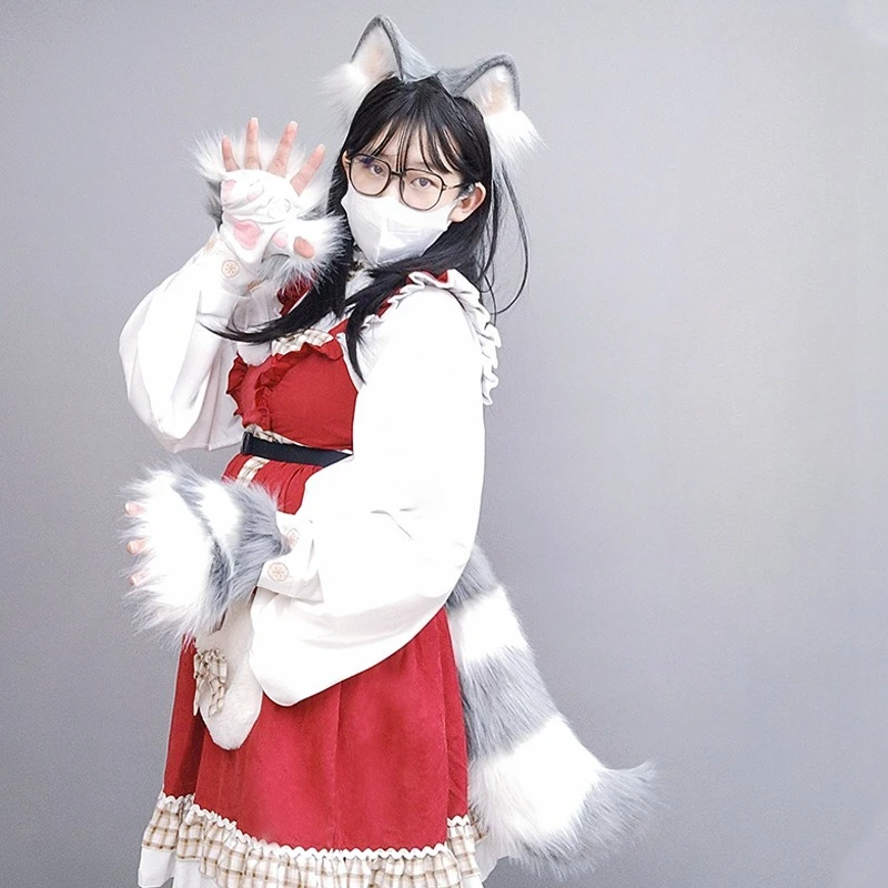 

NEW Handmade Animal Ears Headband Plush Cat Ear and Tail Paws Gloves Set Props Accessories for Girls Lolita Anime Party Costume