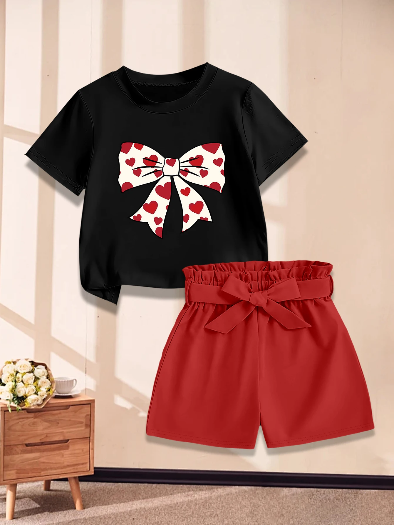 2 pieces: Valentine's Day Cartoon Heart & Bow Print Girls' Sweet Cute Summer Woven Bow Shorts Set