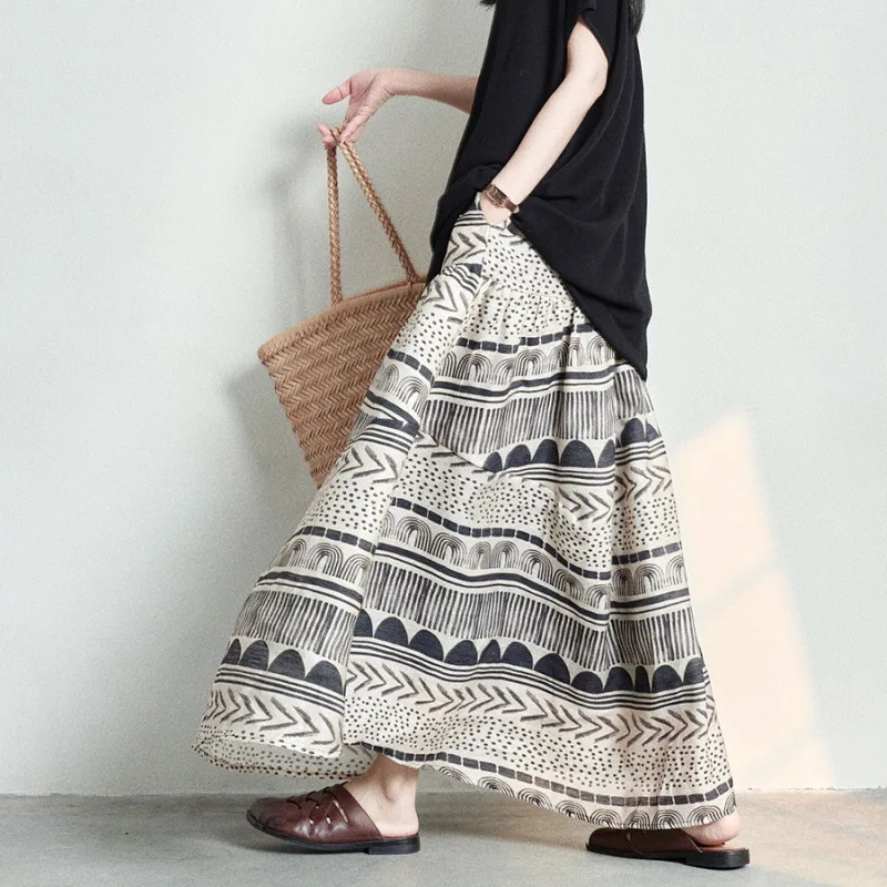 Gonna mezza lunghezza traspirante in lino stile artistico nuovo design originale estivo 2025 per donna