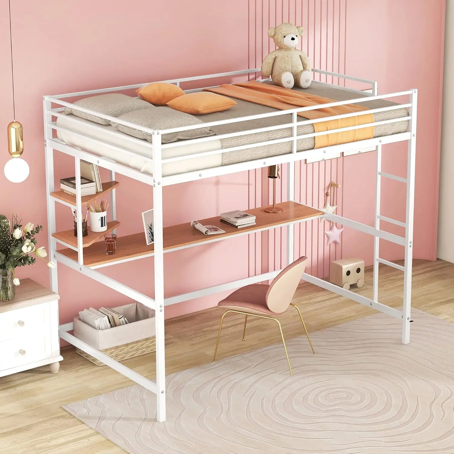 Full Size Loft Bed With Desk And Storage Shelve, Metal Loft Bed Frame With Ladder And Safety Guardrail For Teens Adults, White