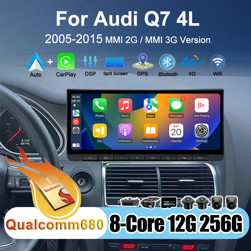 Kabelloses CarPlay Android 15 für Audi Q7 4L SQ7 2005-2015 MMI 2G MMI 3G GPS Navi Autoradio Multimedia-Videoplayer Stereo DSP BT
