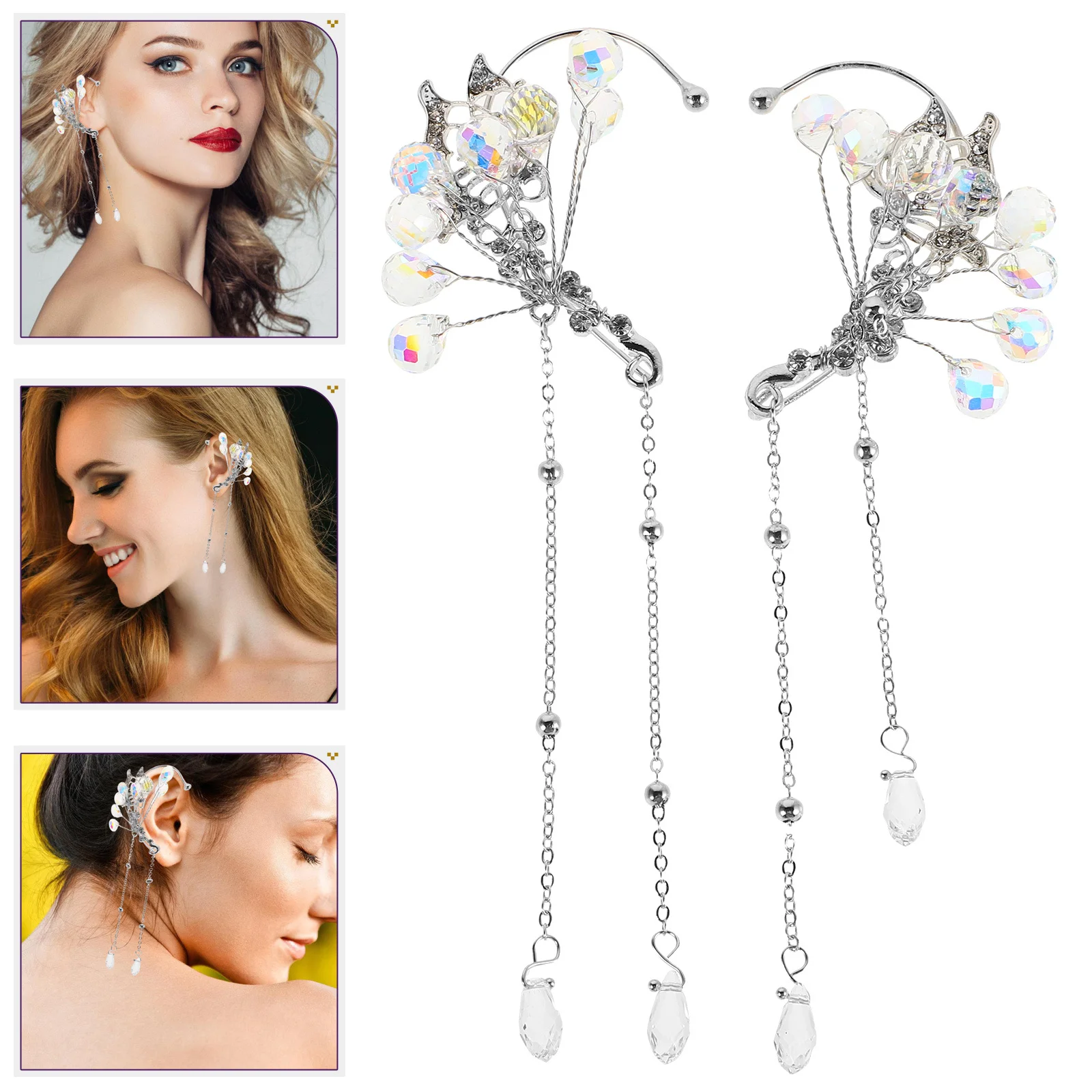 

Crystal Butterfly Fairy Earrings for Women No Piercing Clip on Ear Cuffs Dangle Tassel Jewelry for Parties Weddings Special