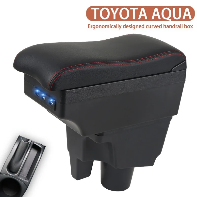 

For TOYOTA AQUA Car Centre Console Armrest Storage box With 7 USB Charging Retrofit Ports PU Leather Store box Interior detail