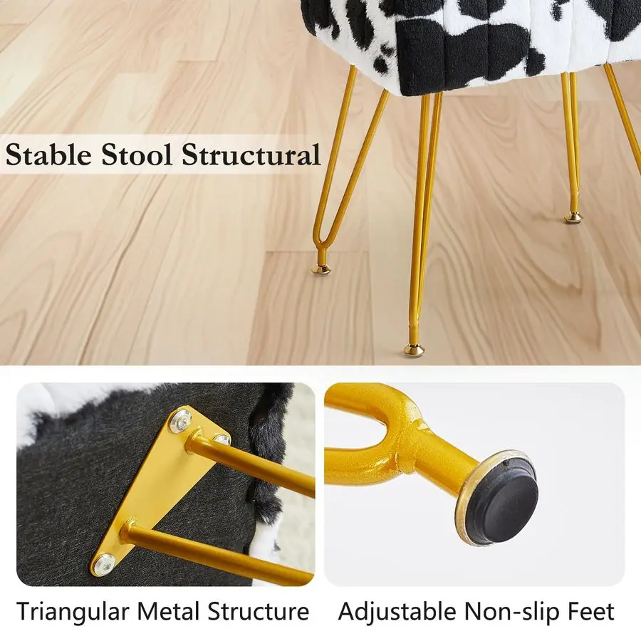 เก้าอี้แต่งหน้าหุ้มขนสัตว์เทียม ขาโลหะสีทอง พร้อมขาปรับระดับได้ เบาะนั่งนุ่มสบาย ใช้เป็นสตูลวางเท้าได้