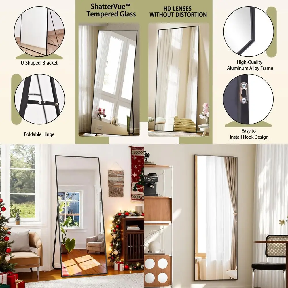 

56 x 21 Tall Floor Mirror with Stand, Alloy Frame, Shatter-Resistant, Versatile for Living Room, Black