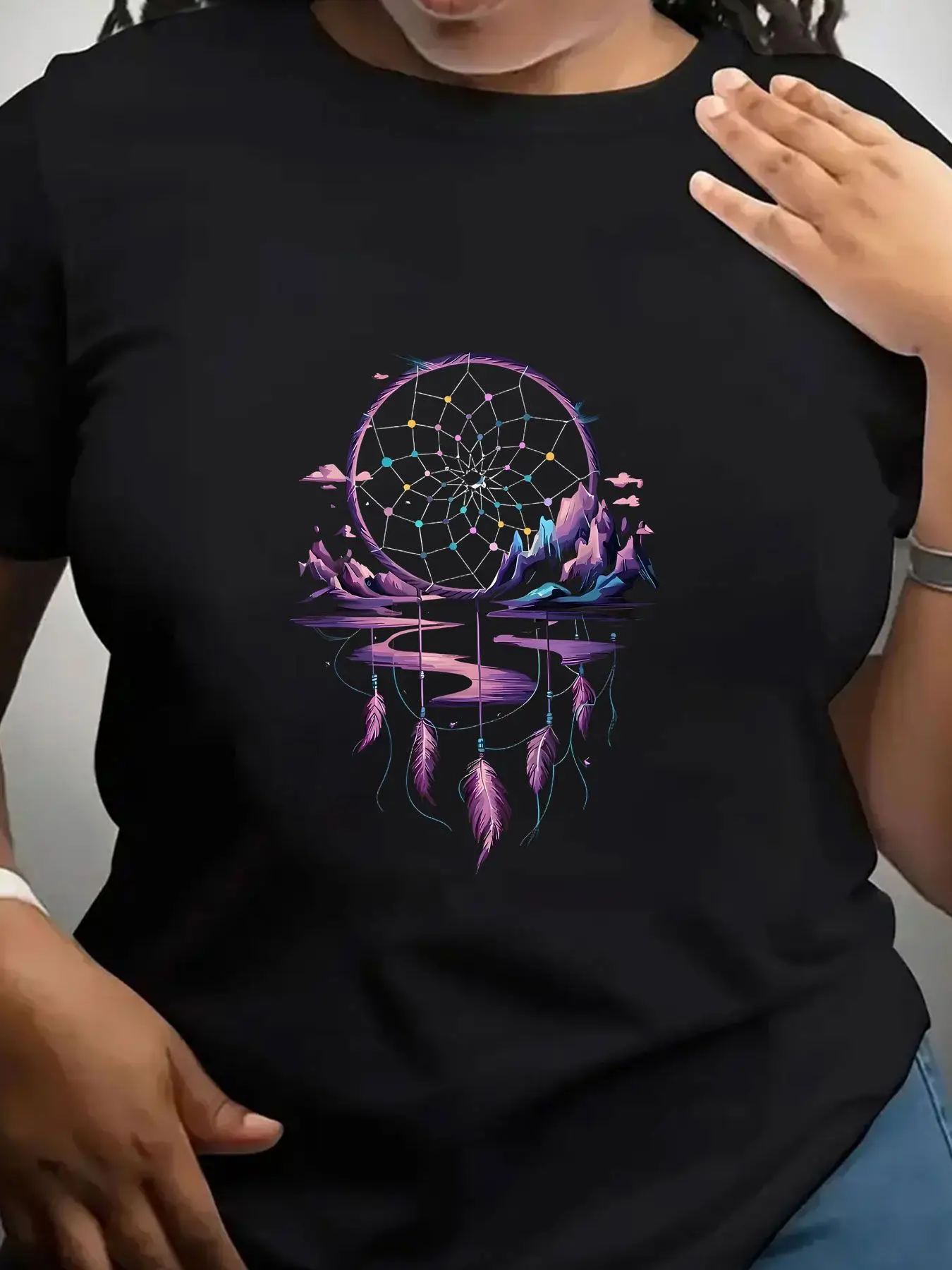 Women's Trendy Crew Neck T-Shirt Dreamcatcher with Purple Mountains Reflection Suitable for Casual Sportswear