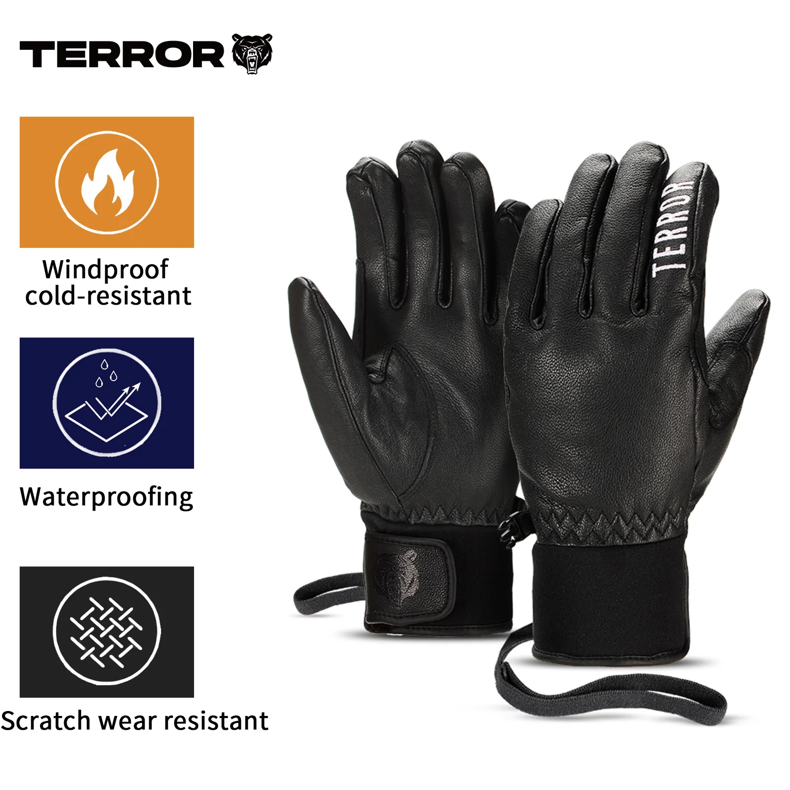 GUANTES DE CUERO TERROR guantes de esquí piel de cabra resistente al desgaste 3M Thermolite -30 °   cálido, resistente al viento e al agua.