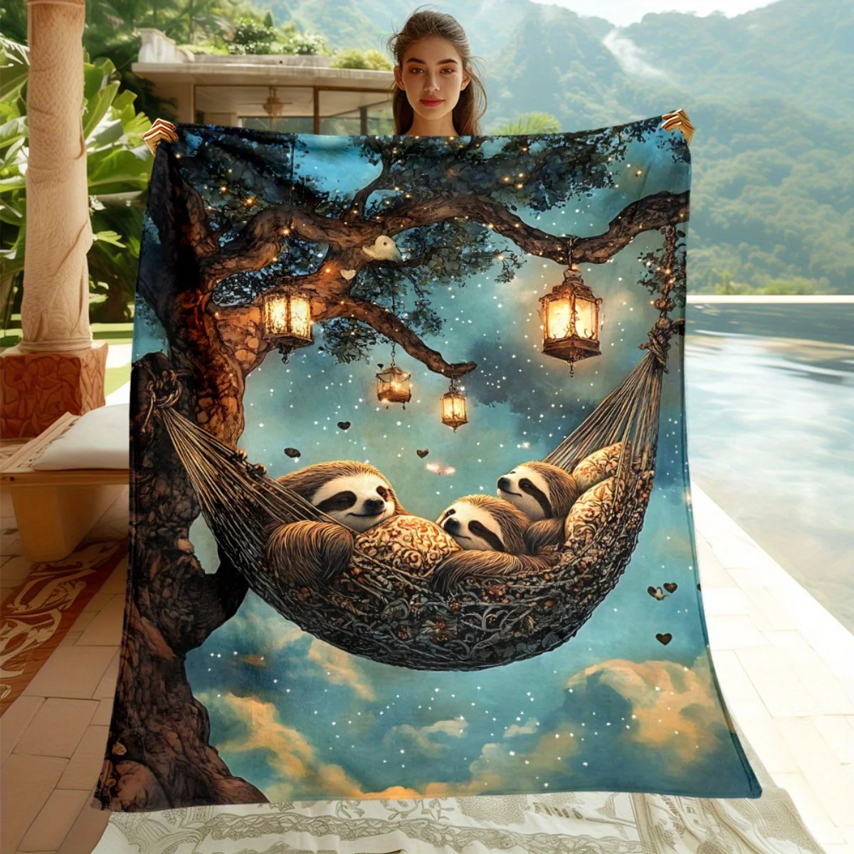 Twilight Tree Hammock Three Sloths Lantern Star Print Throw Blanket Fantasy Jungle Scene Soft Seasonal Home Couch Decor Blanket