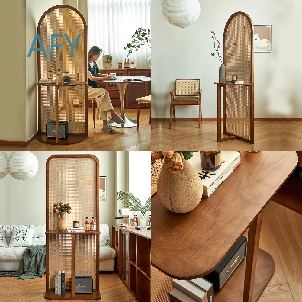 Nordic Vintage Wooden Room Divider Screen for Living Room Entryway Hallway with Woven Rattan Shelf Storage for Home Decor