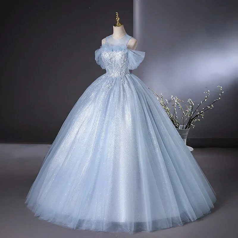 2026 New Women French Custom Puff Skirt Luxury High Sense Long Dress for Vocal Art Performance Round Neck Slimming Evening Dress