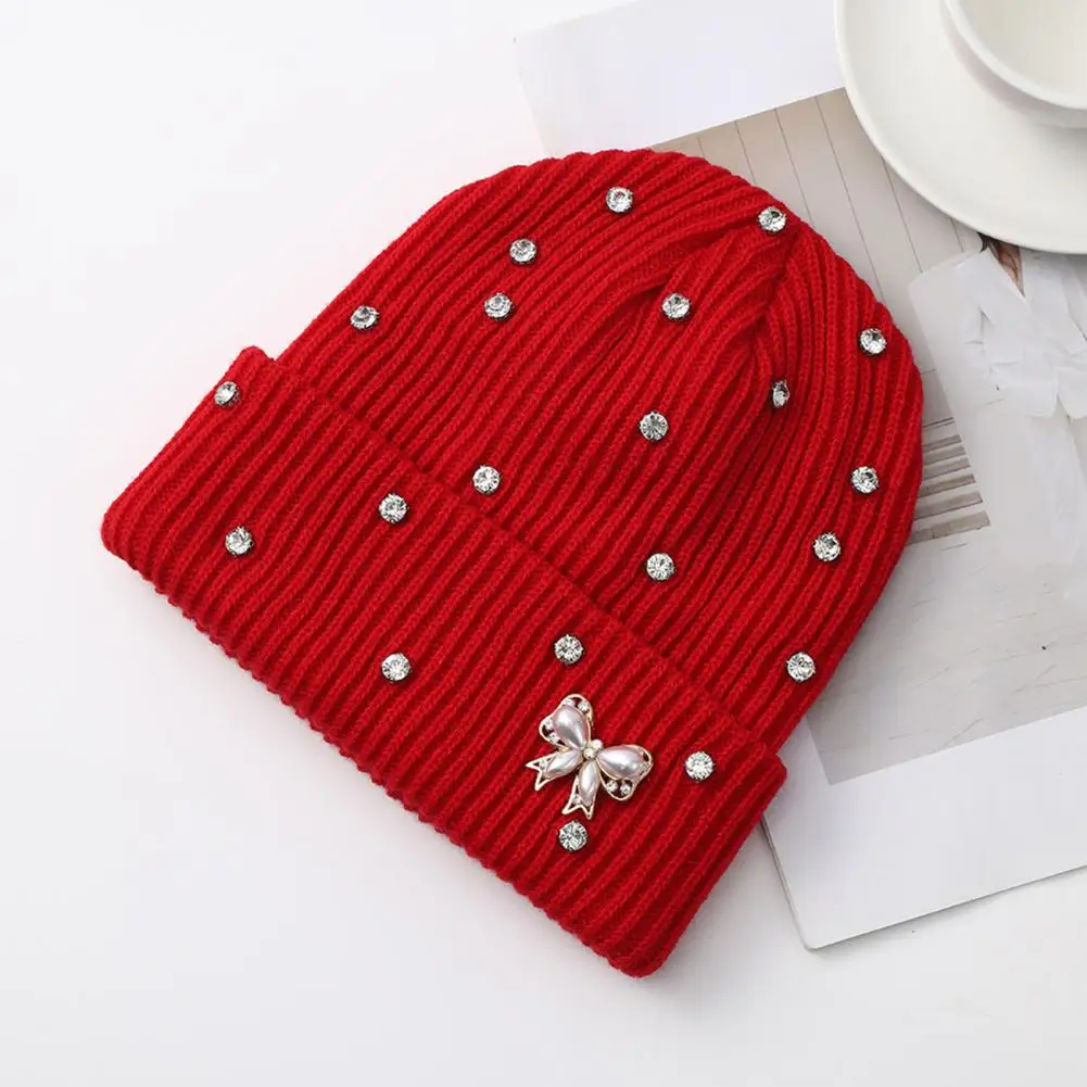 Elastic Weather Hat Winter Knitted Hat for Women Sparkly Winter Knitted Hat with Rhinestone Faux Pearl Bow Warm Cuffed Ribbed