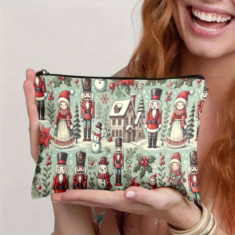Vintage Christmas Nutcracker Snowman Print Makeup Bag Xmas Winter House Cosmetic Pouch Holiday Travel Zipper Pouch Gift Women