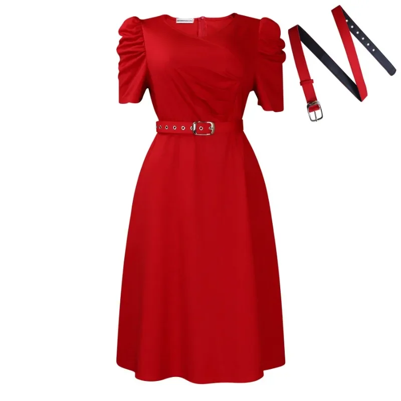 Women Pleated A Line Dresses V Neck Short Sleeves Classy Elegant Office Modest African Female Church