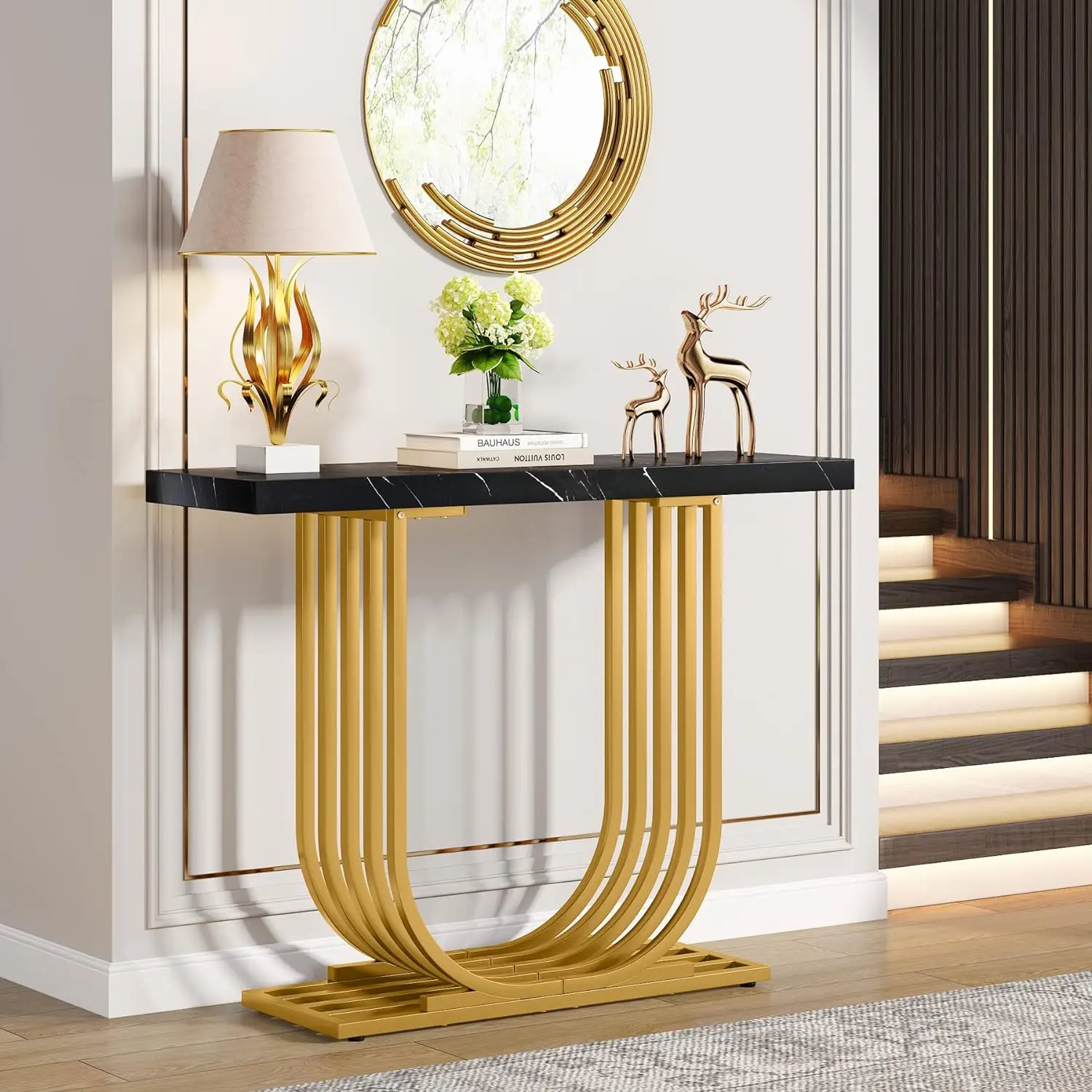 Mesa console com base de ouro, mármore falso Entryway Foyer mesa, sofá sotaque mesa para sala de estar corredor, branco e dourado, 39,4 polegadas