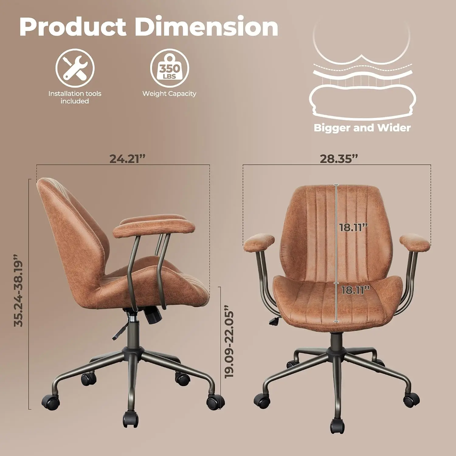 Mid Back Ergonomic Office Chair, Faux Suede Leather Swivel Rolling Task Chair, Brown, Customized