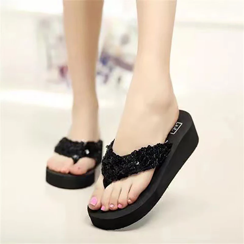 Summer Women Flip Flops Casual Sequins Anti-Slip Slippers Beach Thong Sandals Beach Open Toe Platform Shoes For Ladies Slides