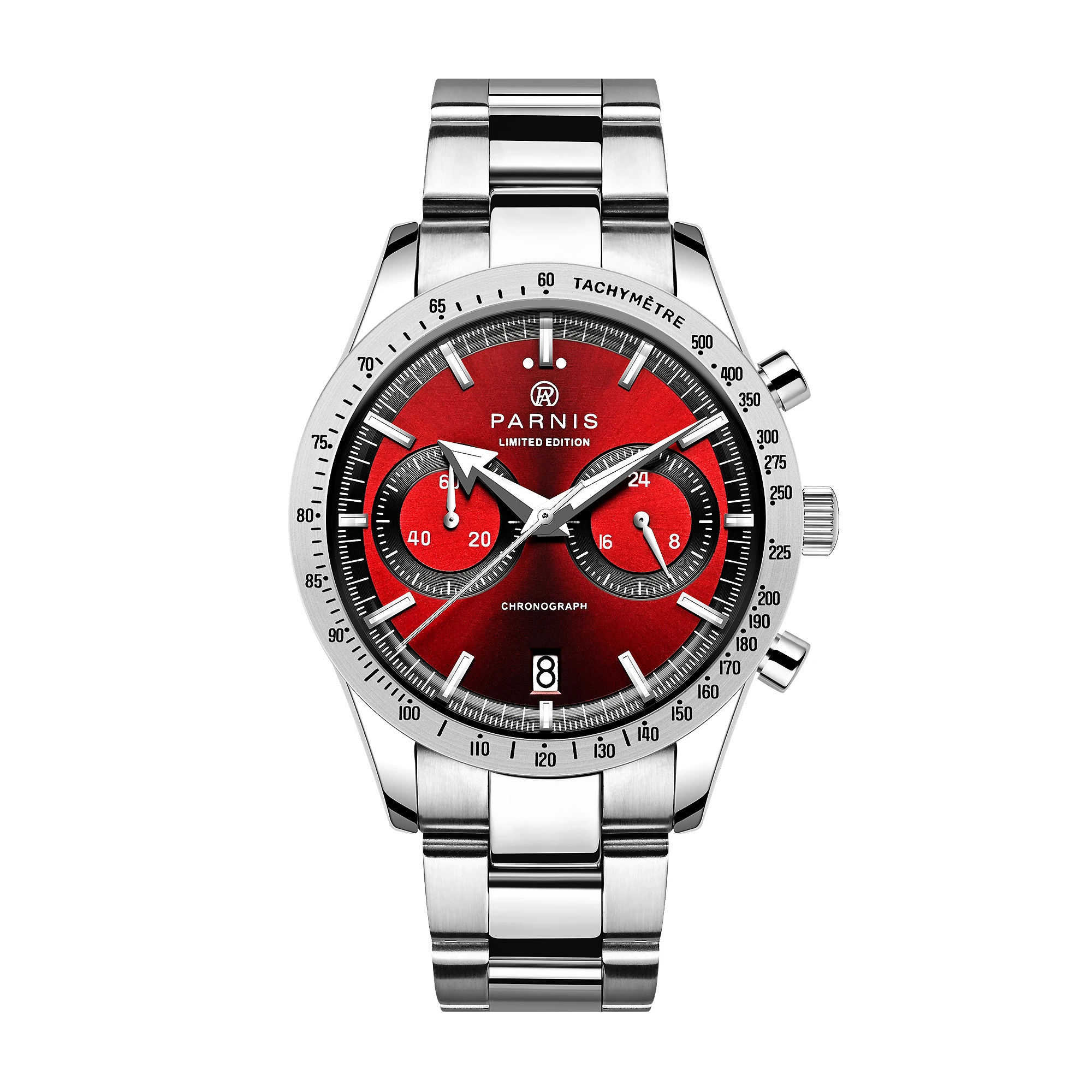 

New Arrival Parnis 40mm Red Dial Quartz Chronograph Men's Watch Stainless Steel Strap Men Waterproof Sports Watches Gift Clock