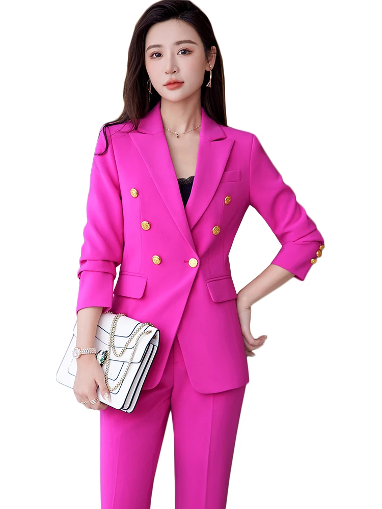 White Black Pink Office Ladies Pant Suit Women Female Button Decoration Blazer And Trouser Formal Business Work Wear 2 Piece Set