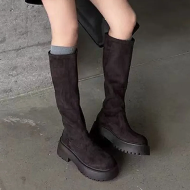 

Mid Heels Women Suede Long Boots Fashion Platform Classical Shoes 2025 Designer Elegant Knee Boots Winter New Pumps Zapatillas