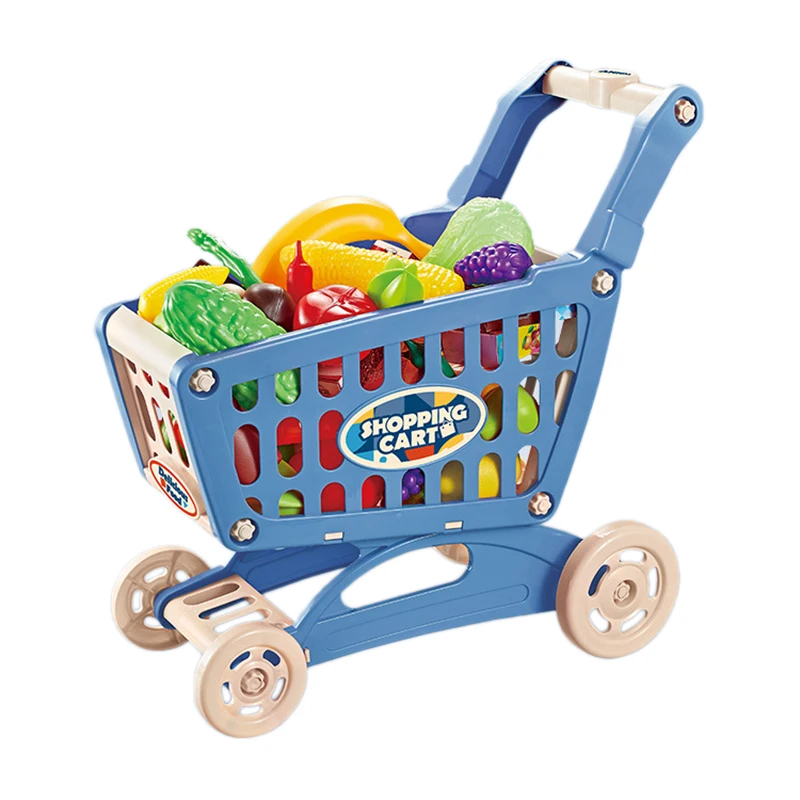 Juego de carrito de compras de juguete de juego de rol, carrito de comestibles con comida de imitación, accesorios de cocina para niños (azul)