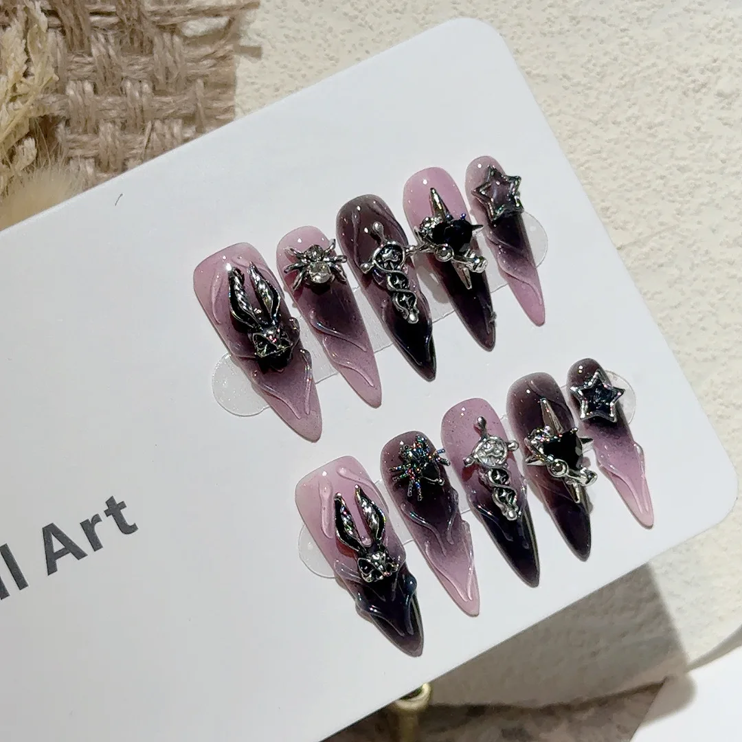 10 pezzi scuro romantico gotico sfumato fatto a mano stampa sulle unghie 3D metallo coniglietto amuleto catena d'argento stelle gemme ragno unghie finte
