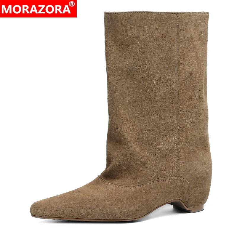 

MORAZORA 2026 New Cow Suede Leather Mid Calf Boots Women Pull On Half Boots Fashion Ladies Western Boots Casual Shoes