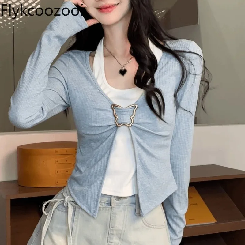 

Fake Two Pieces Hanging Neck Long Sleeve Patchwork Shirt Women Tight Slim Tee 2025 Autumn Korean trendy Big Size Spliced Top