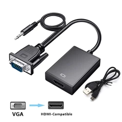 1080P 60Hz HD VGA to HDMI-compatible Converter Cable Adapter with 3.5mm Audio USB Power Cable for PC Laptop to HDMI Projector